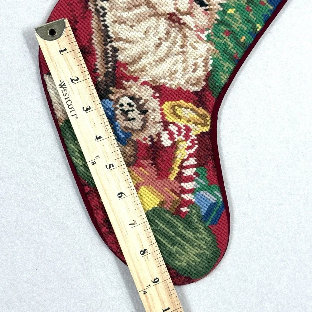 Vintage Christmas Stocking Needlepoint by Hand‎ Wool Velvet Santa Claus Presents